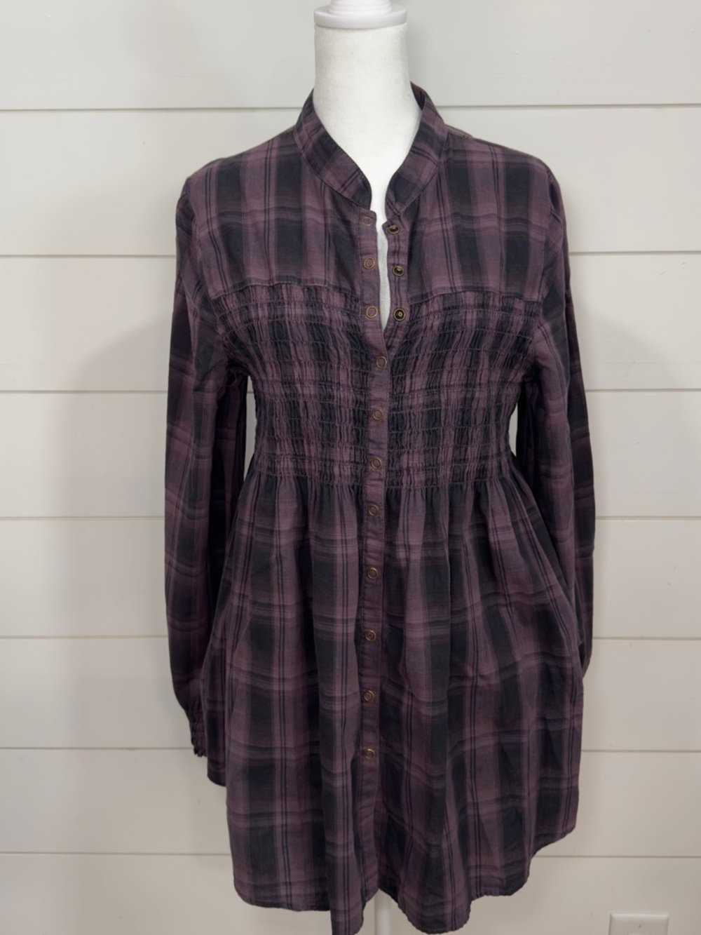 XCVI Burgundy Plaid Smocked Tunic Top XL 100% Cotton